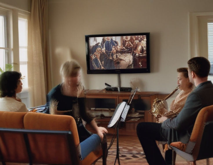 A group of friends gathered in the living room watching a jazz band concert on TV.