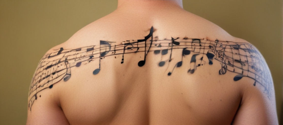 A man with with a big tattoo of jazz music notes on his back.