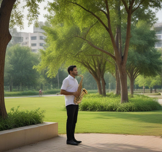 A man plays saxophone in lush park, Aerocity Mohali, with modern buildings in background.