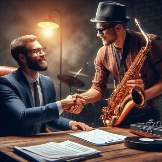 A business broker shaking hands with a Jazz music producer, symbolizing a successful sale.