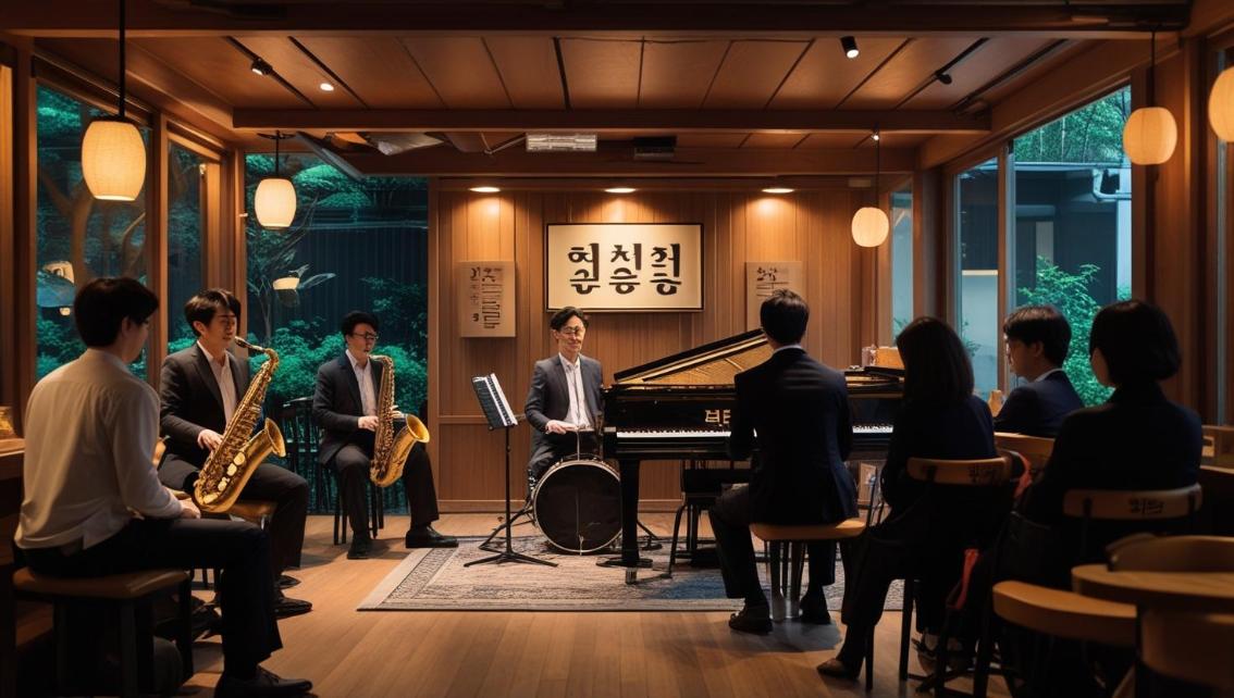 Small Korean lounge with live jazz trio performing for intimate seated audience.