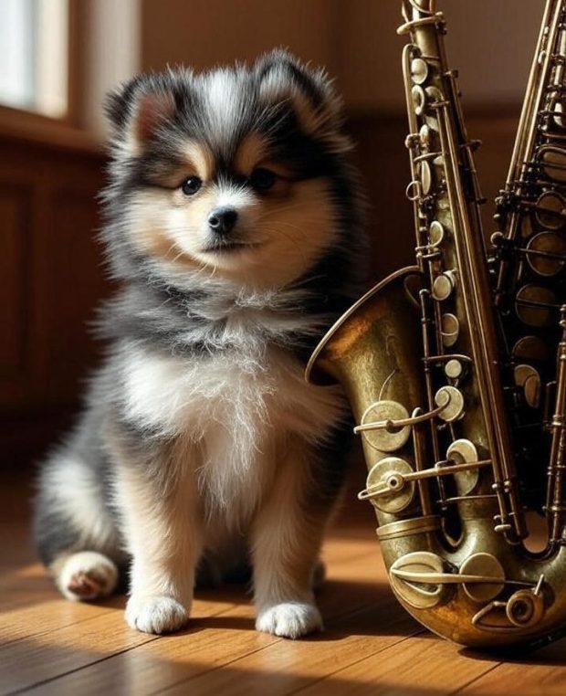 pomsky beside a saxophone