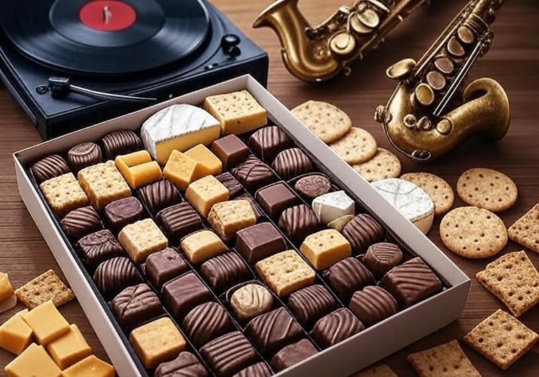 snack box hamper with chocolates, cheeses, and crackers