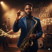 A stylish jazz musician in a blue suit holds up a dazzling gold removable grill, with a saxophone in his other hand.